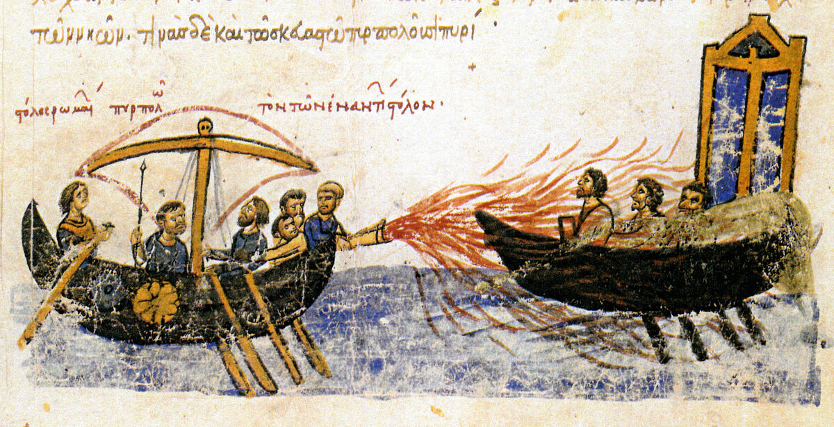 Греческий огонь история с каким событием. Поход Игоря на Византию греческий огонь. Греческий огонь Византийская миниатюра.