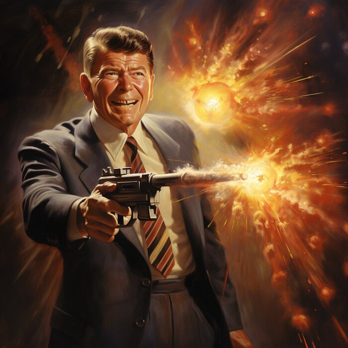 Ronald Reagan with a ray gun  ,  , Midjourney,  , ,   , 