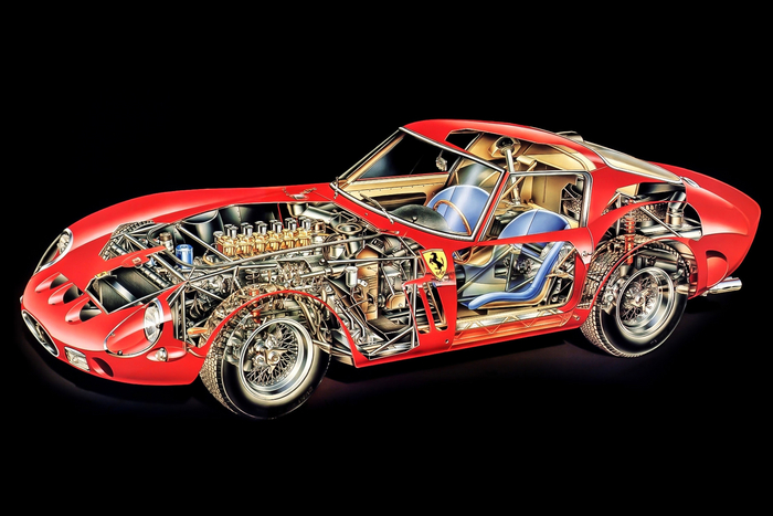 Сваренный вручную трубчатый каркас, зависимая задняя подвеска с механизмом Уатта — шасси 250 GTO не отличалось революционностью. 3.0-литровый V12 серии 168/62 Comp. был куда интереснее: полностью алюминиевая конструкция, 6 карбюраторов, сухой картер