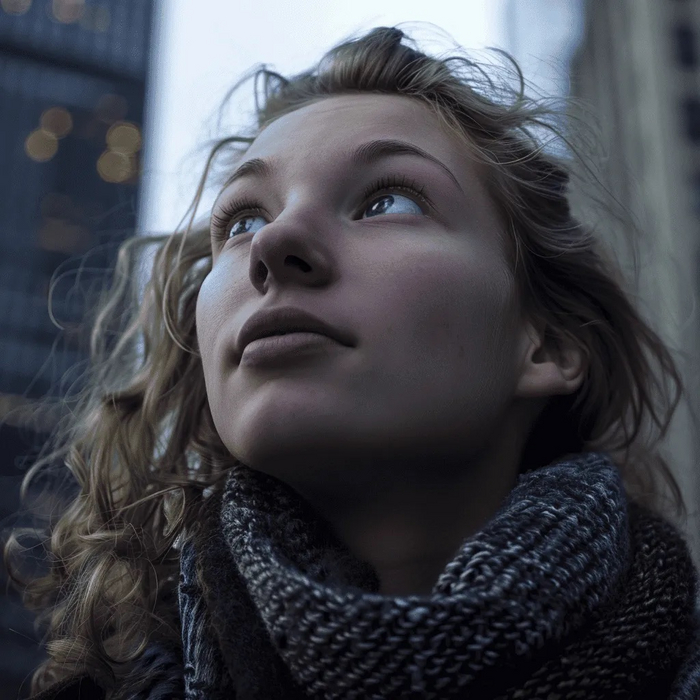 closeup portrait photo from below of a [Subject] in [Setting] during winter /     []  [] 