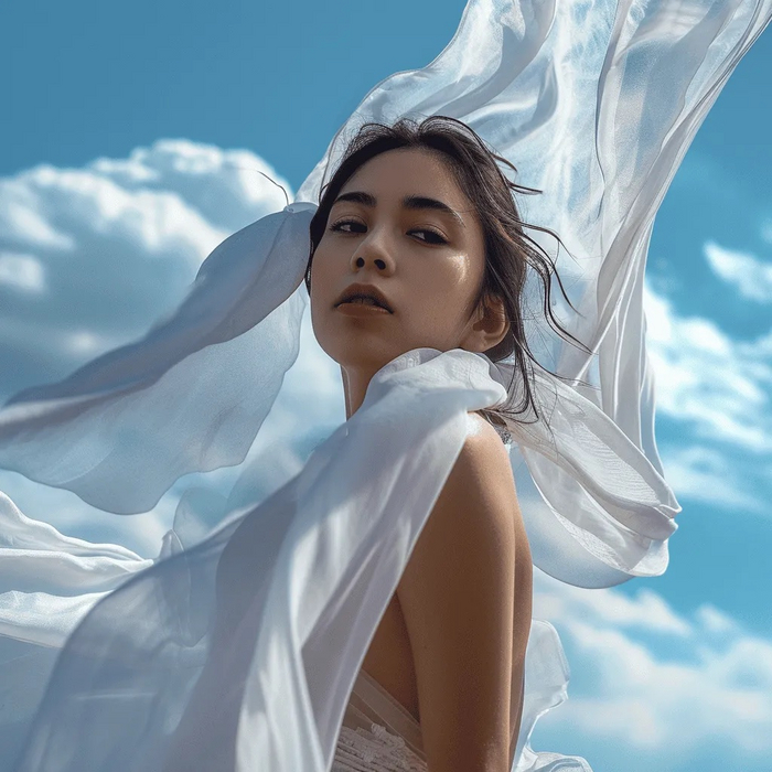 Panoramic seaside, real photo style, [Subject] detailed face, ethereal background, light blue &amp; white, floating white silk, epic masterpiece /   ,   , []  ,  , - ....