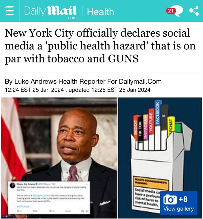 Мэр Нью-Йорка официально объявил соцсети «экологическим токсином» и «угрозой общественному здоровью», поместив их в один список с табаком и огнестрельным оружием.