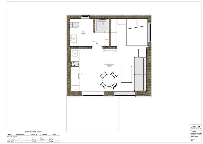 Планировка домика без парилки, но с дополнительным спальным местом