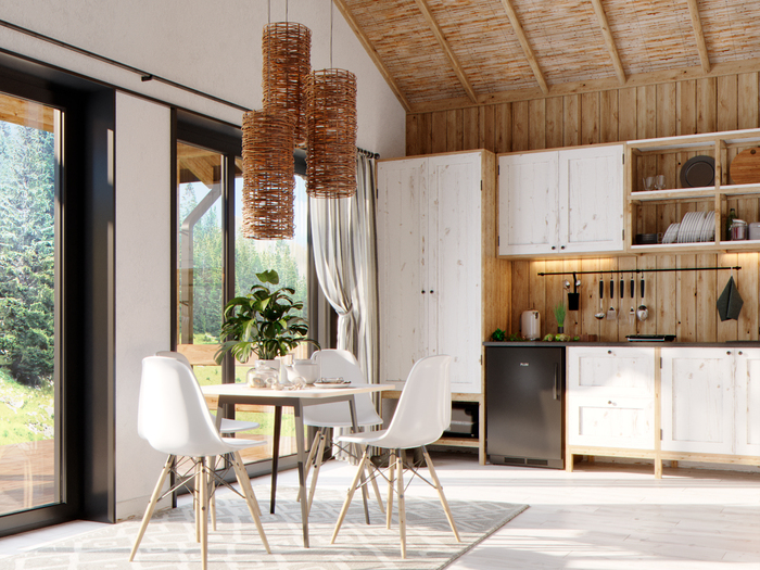 Гостиная-кухня, вид на столовую зону и кухню