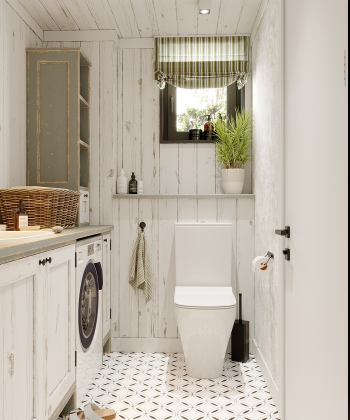 Небольшой санузел, с раковиной, местом под стиралку, и дополнительными местами для хранения.