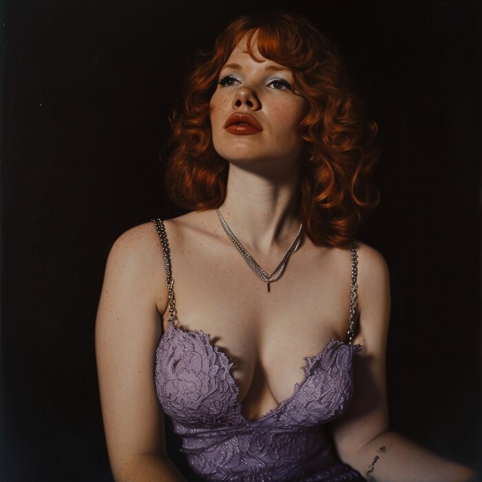 Redhead woman in a lace low cut dress, purple dress, 1990s, realistic, masterpiece --v 6