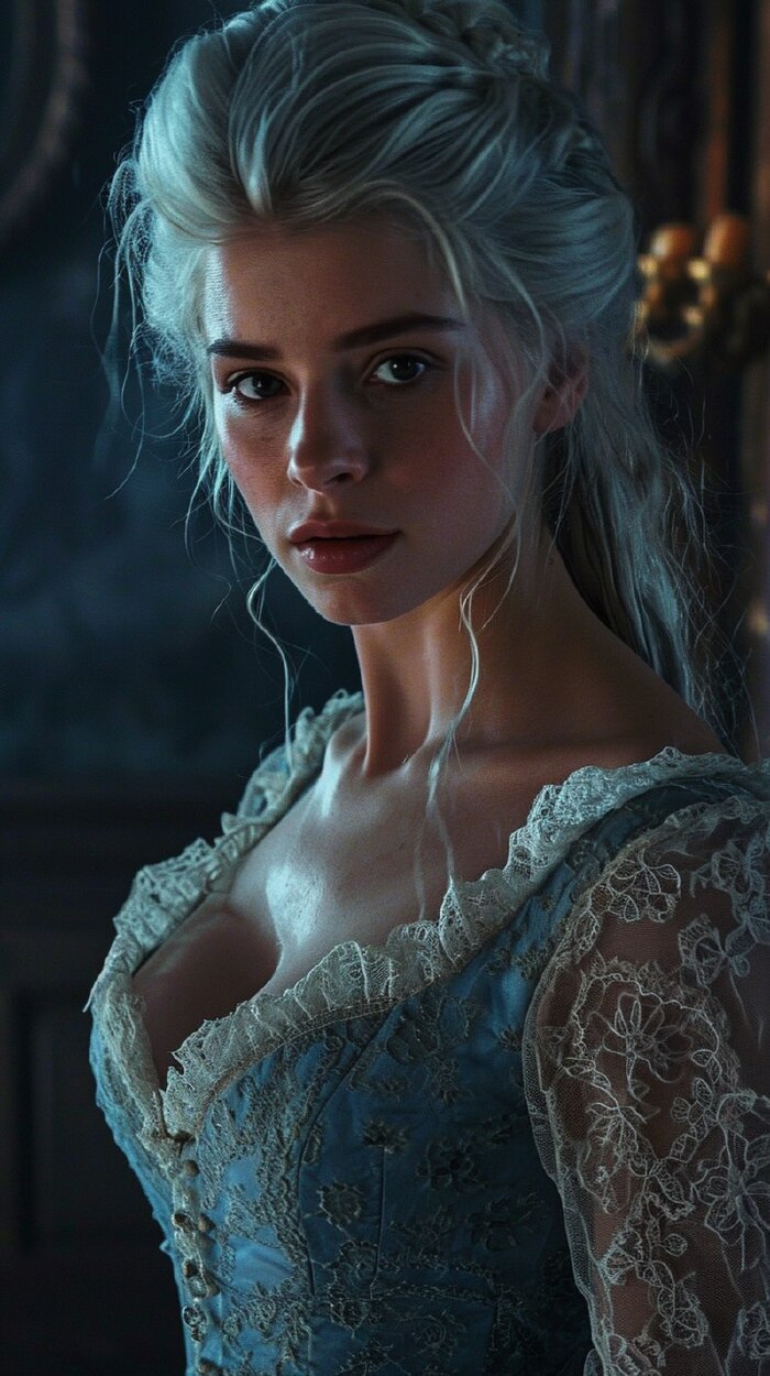 Ciri in history movie, wearing a lace blue dress, masterpiece --ar 9:16 --v 6