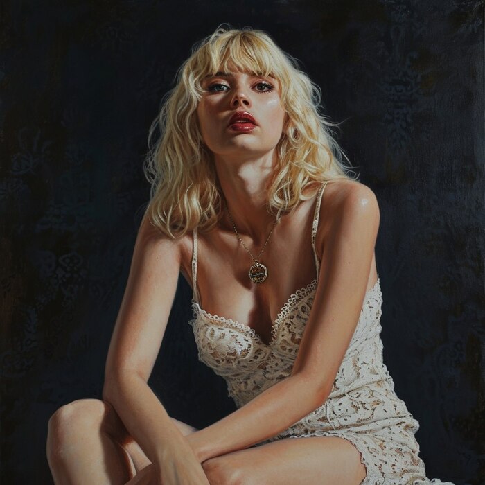 Blonde woman in a lace low cut sundress, 1990s, realistic, masterpiece --v 6