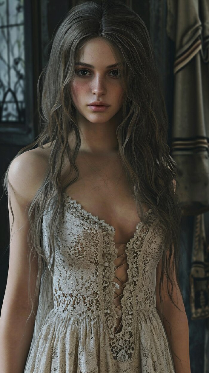 Triss Merigold in lace cut dress, long brown hair, masterpiece --no jewelry, red hair --ar 9:16 --v 6