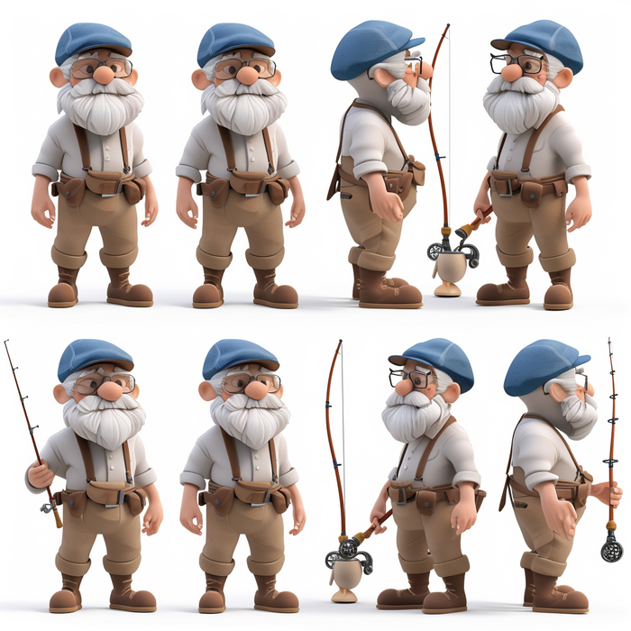 fisherman character, multiple poses and expression, 100% white background, simple, 3d model, fishing rode, blue cap --v 6