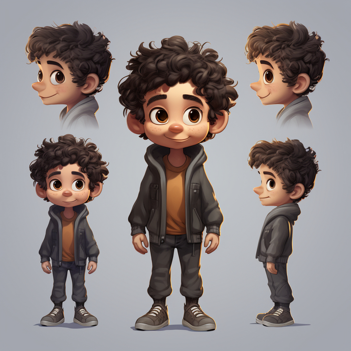 character sheet of a cute boy with black-brown short curly hair in the style of a children's book illustration. The illustrations should have different angles and be in black and white, as well as colorful, with high contrast and bokeh.&nbsp;