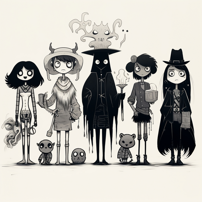 characters of witchcraft, the occult, and supernatural, cartoon network style drawing, side by side, full body , black and white, traceable
