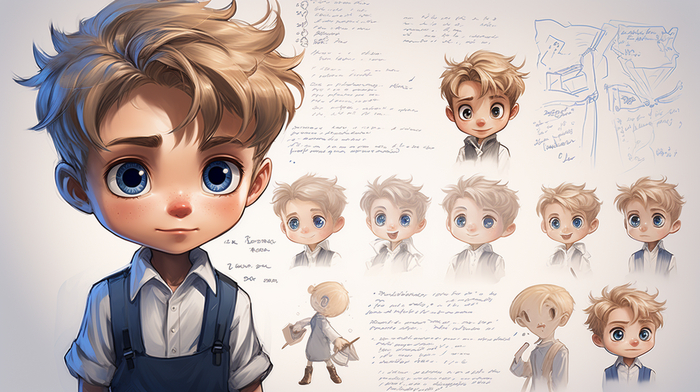 a cute boy with blue eyes, holding pen, different angles, character sheet, in the style of childrens book illustration --ar 16:9