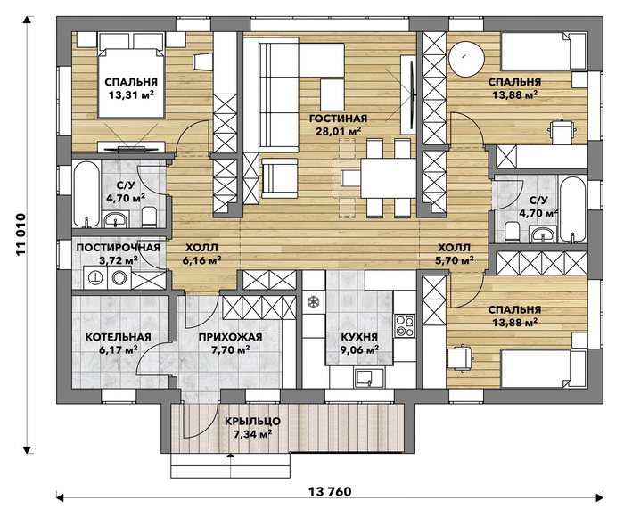 В этой планировке из всех спален есть доступ в санузлы без выхода в общественную зону