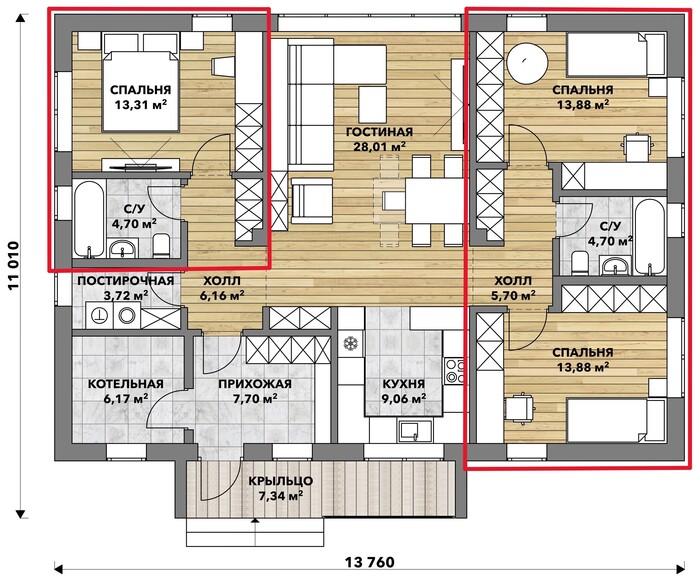 Спальни отделены от общественных зон холлами, "детская" и "родительская" зоны разнесены по разные стороны дома