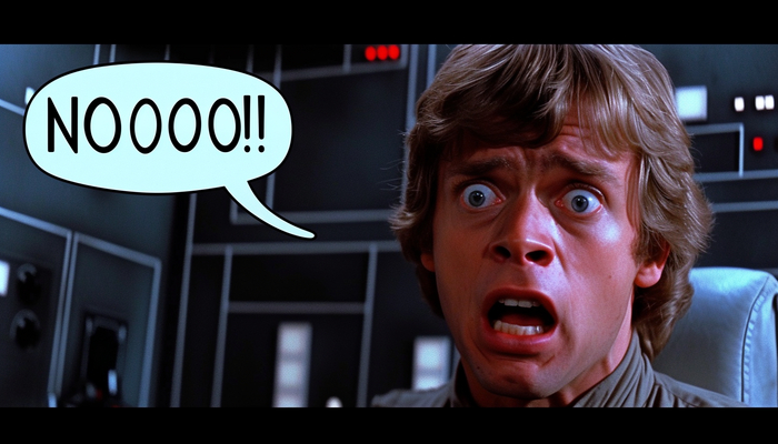 1980s, Luke Skywalker is very scared in the space station while screaming "NOOOOOO!!!" written in a speech bubble, exaggerated emotions, Sony A7 cinematic photography. --ar 7:4 --style raw --v 6