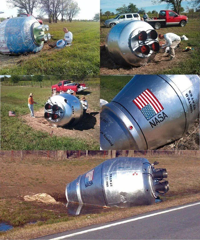 После аварии в Оклахоме, местный житель оформил заброшенную бетономешалку, как потерянный корабль NASA Бетономешалка, Миксер, Ракета, NASA, Повтор, Фотография