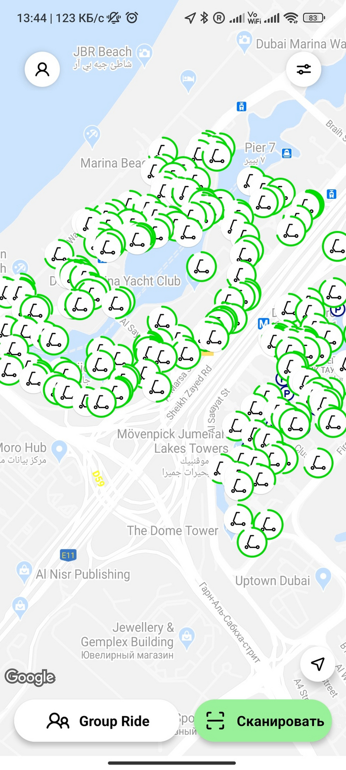Примерное количество самокатов Lime в районе Dubai Marina и JLT