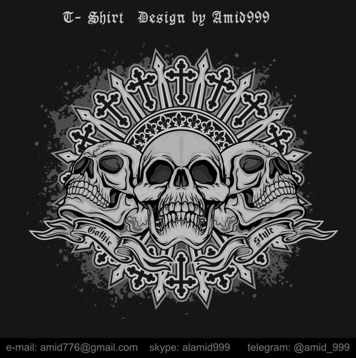 Skull and cross Череп, Готика, Скелет, Демон, Крест, Религия, Арт, Рисунок для футболки