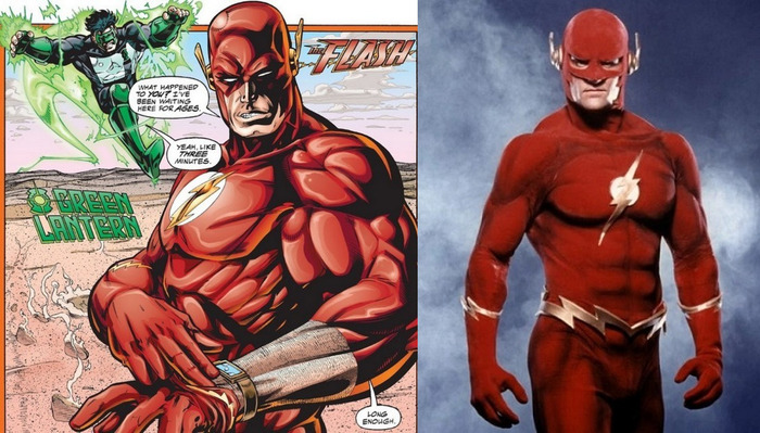 Слева - Флэш из комиксов, правда, не Барри Аллен, а Уолли Уэст, и это комиксы 90-х, тогда все были качками. Справа Джон Уэсли Шипп в роли Флэша.