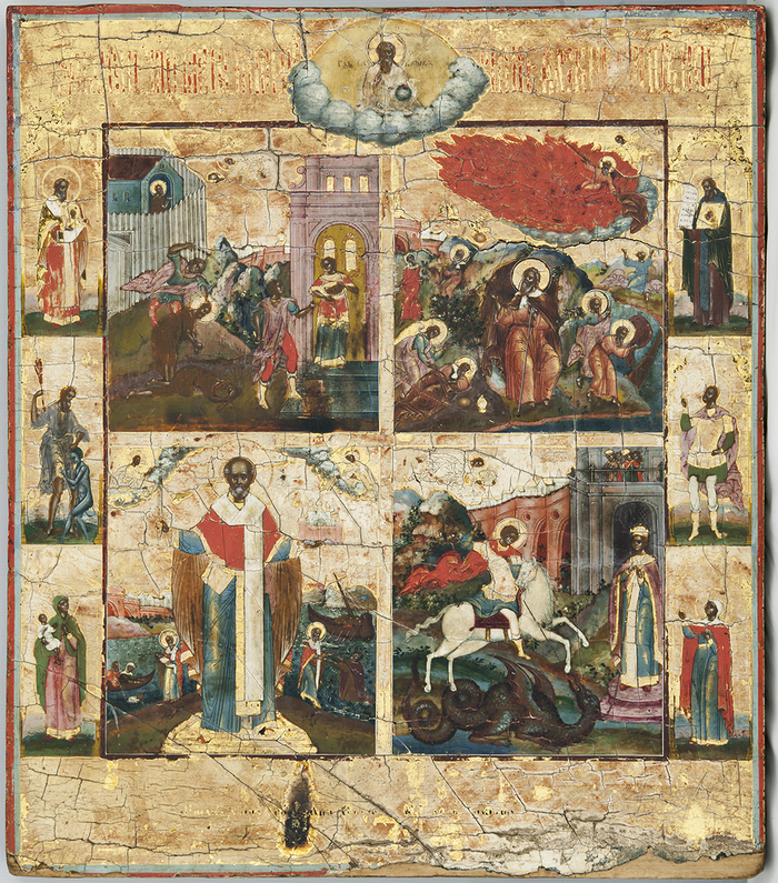 До реставрации. На иконе четыре сюжета: усекновение главы Иоанна Предтечи, огненное восхождение пророка Ильи, чудо Георгия о змие и, наконец, Николай (Никола) Можайский со сценами жития. Слева внизу – Кирик с Иулитой, это раннехристианские святые мученики.