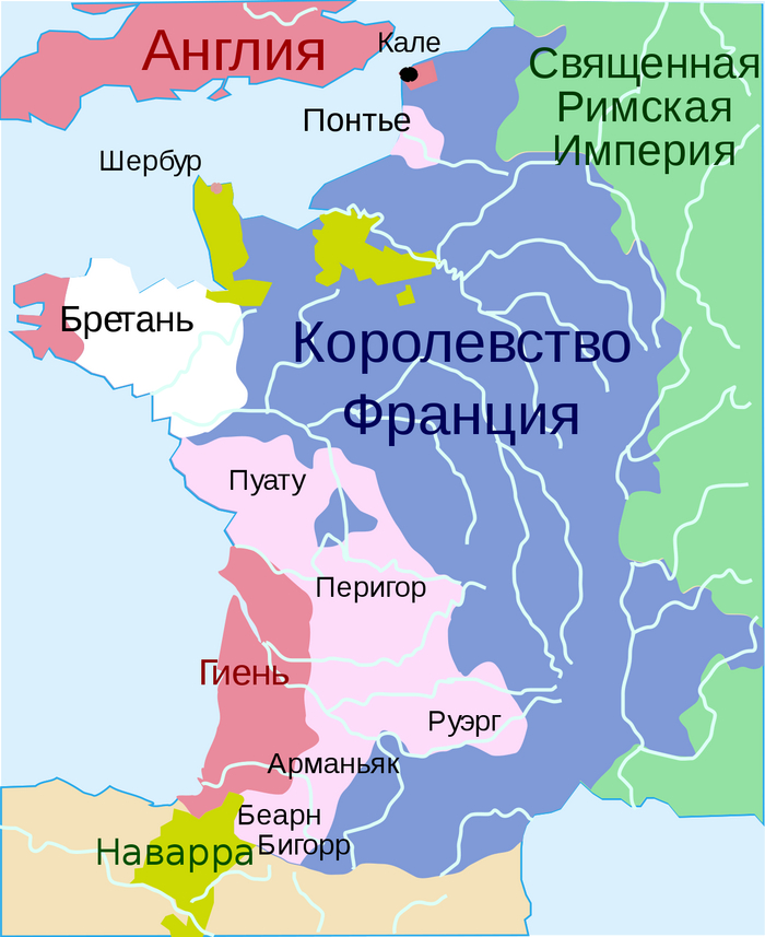 Красный цвет: территории, контролируемые Эдуардом III. Розовый цвет: территории, переданные Англии Францией по договору в Бретиньи в 1360 году
