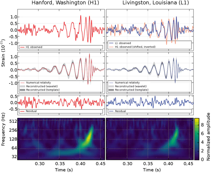 Измерения LIGO гравитационных волн на детекторах Хэнфорд (слева) и Ливингстон (справа) в сравнении с предсказанными теоретическими значениями.
