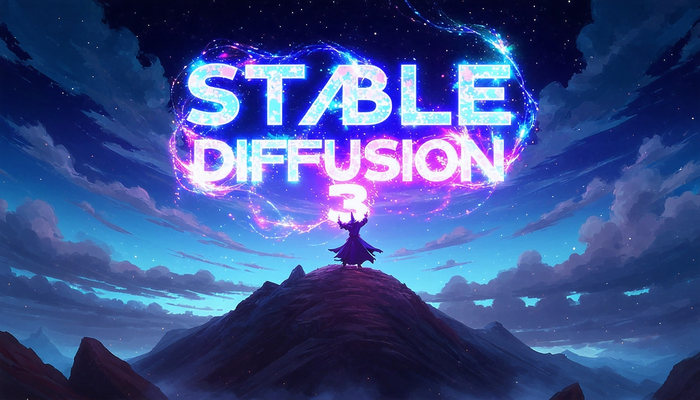 : Epic anime artwork of a wizard atop a mountain at night casting a cosmic spell into the dark sky that says "Stable Diffusion 3" made out of colorful energy