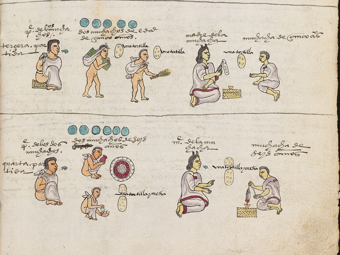 Возраст 5 и 6 лет. Думаю, пояснения не требуются, разве что про красный щит внизу — так обозначается рынок, на котором парни подбирают зёрна кукурузы и фасоли, упавшие у торговцев / © Bodleian Libraries, University of Oxford, CC-BY-NC 4.0