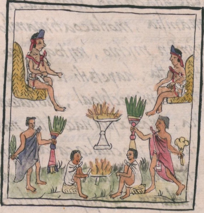 Иллюстрация обычного вечера воспитанников тельпочкалли в куикакалли — огонь, танцы и песни / Флорентийский кодекс
