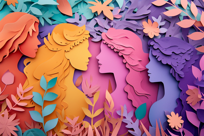 International Women's Day hand crafted paper cutout art background --ar 3:2