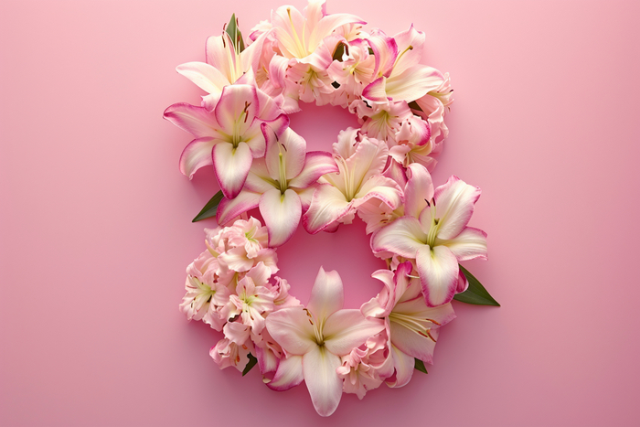 8 made of lilies flowers, 8 march, international women's day --ar 3:2 --style raw --stylize 150