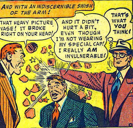 Пояснение: бандиту на голову падает тяжёлая ваза, но Супермэн на суперскорости прикрывает ему башку рукой (второй бандит даже не увидел), так что первый думает, что база разбилась ему об голову и он даже не почувствовал