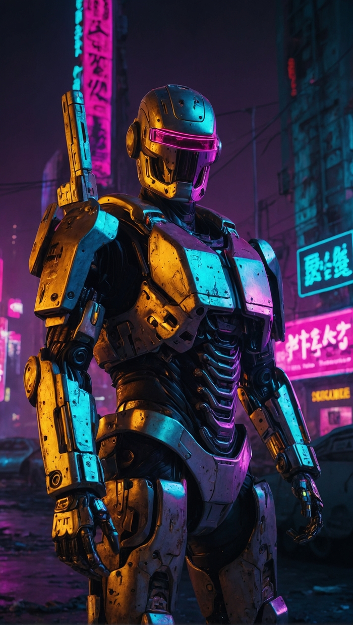 механизированными конечностями и металлическим лицом, вооруженный высокотехнологичным оружием, стоит на фоне тусклых неоновых огней и разрушенного городского ландшафта, выглядит внушительно и безжалостно.