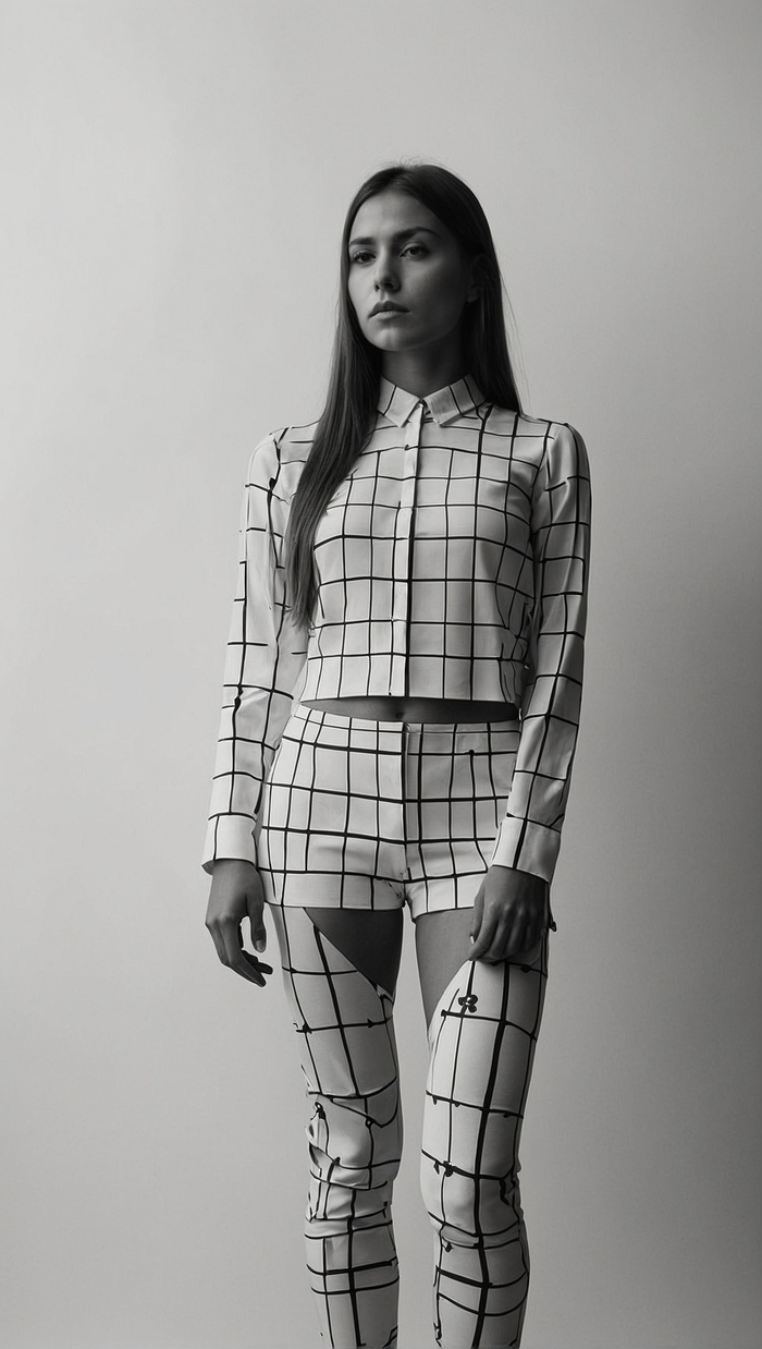 декартова система координат тела девушки по осям X.Y.Z. минимализм. черный. белый фон.