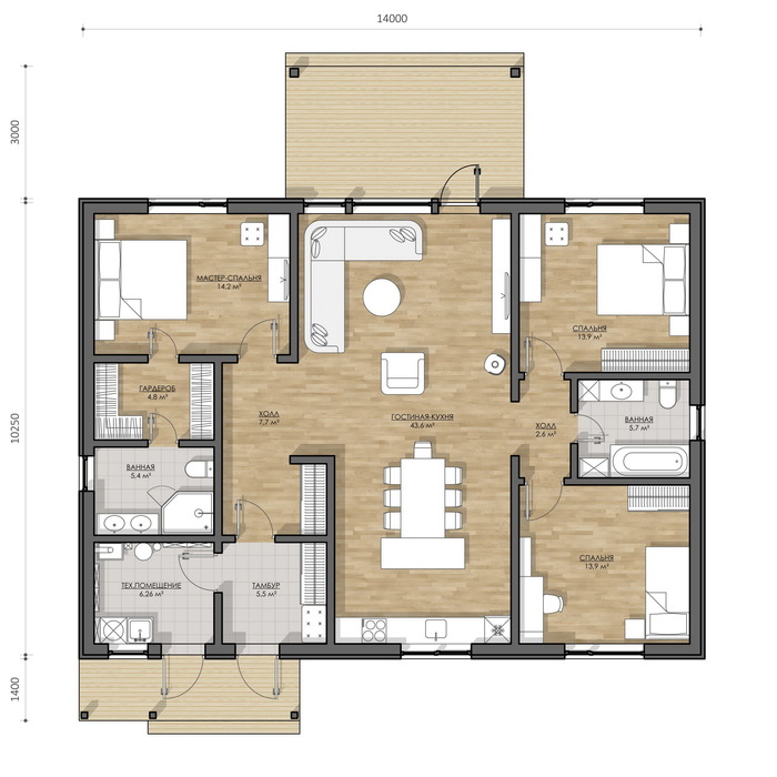 Проект <a href="https://pikabu.ru/story/planirovki_zagorodnyikh_domov_bez_koridorov_preimushchestva_i_nedostatki_pered_koridornyimi_planirovkami_udachnyie_planirovki_s_koridorom_i_bez_11220006?u=https%3A%2F%2Ffin.house%2Fproektyi-domov%2Fproekt-forsca-118%2F&t=%D0%A4%D0%BE%D1%80%D1%81%D1%81%D0%B0%20118&h=689d0f547103c4a8675af9f918c889a1c2215e5a" title="https://fin.house/proektyi-domov/proekt-forsca-118/" target="_blank" rel="nofollow noopener">Форсса 118</a> с тремя спальнями площадью 123 м2. Одна из спален мастер-спальня