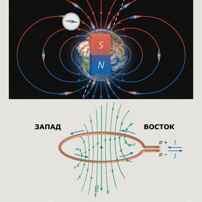 Сверху: южный магнитный полюс находится в районе северного географического. Снизу: направление протекания тока в витке проводника, создающего магнитное поле, аналогичное земному