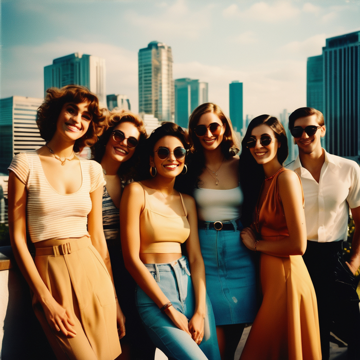 A group of people, looking directly into the camera, enjoying a summer day against the backdrop of a cityscape, captured with a Vintage Polaroid Camera, Vintage Photography, Polaroid Camera