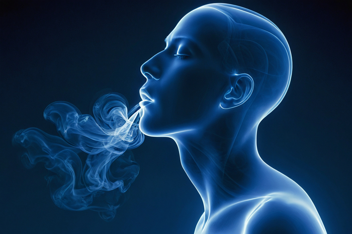 A captivating depiction of a person breathing, captured with the Schlieren Imaging Camera, Schlieren Photography, Intensely highlighting the subtle air movement during each breath, Set in a serene and contemplative atmosphere, evoking a sense of mindfulnes