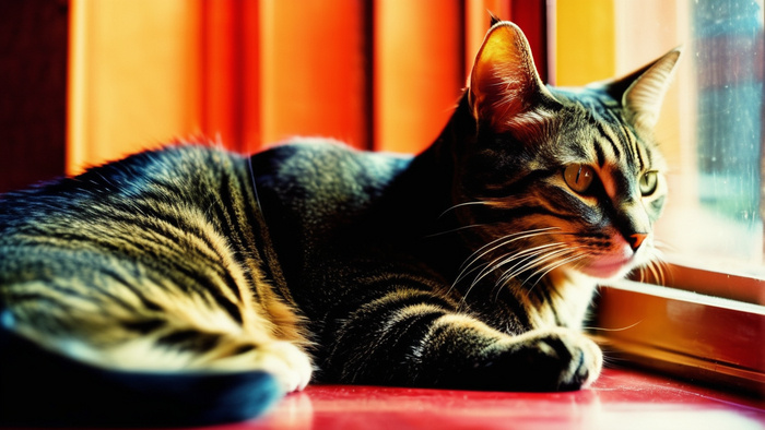 A cat sitting by the window, captured through the distinct lens of a Lomo Camera, Lomography style, with rich and saturated colors that add a touch of artistic flair to the scene, The window setting bathes the cat in soft, nostalgic light, creating an atmo
