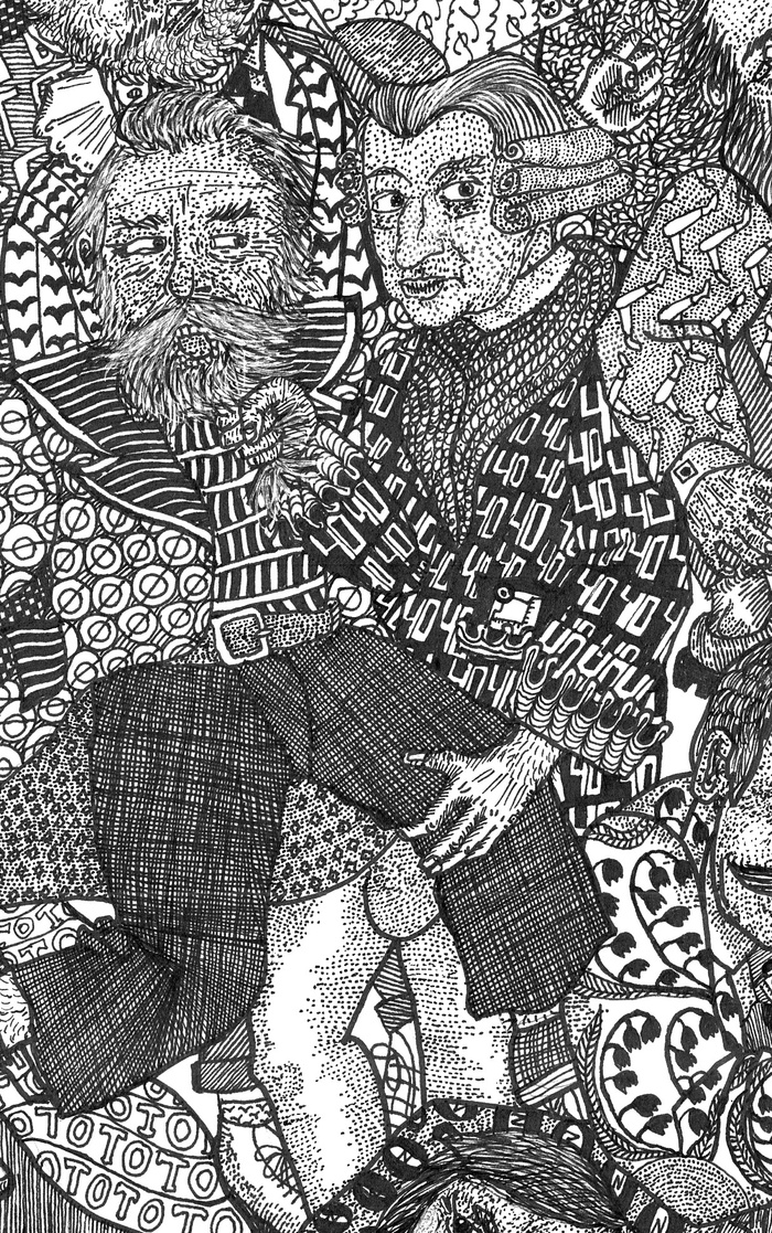 Моцарт нежно держит Брамса за бороду и бедро. Камзольчик расшит моей любимой симфонией №40.