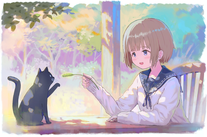 Girl and cat , Anime Art, Original Character, Seifuku, , , 