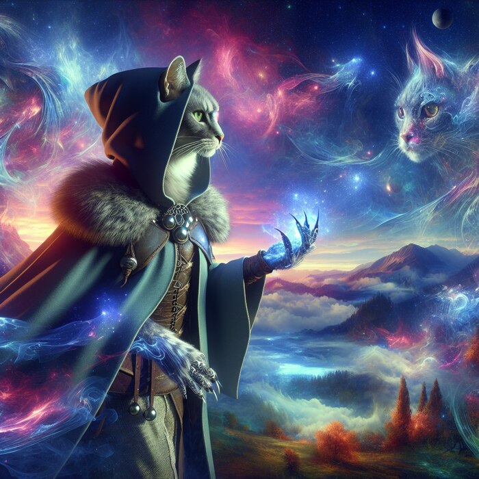 Sorcerer Cat Humanoid Furry with Silver Dragon Claws and Traveler Cloth, In Fantasy Ambience