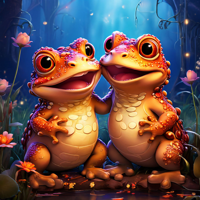        , . Disney style two happy toads kissing