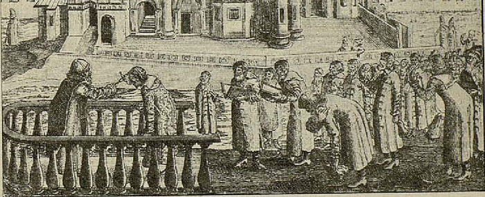 Олеарий сходил на Лобное место (<a href="https://pikabu.ru/story/kak_nemtsyi_persidskiy_shyolk_cherez_moskoviyu_vozili_dogovor_11273312?u=https%3A%2F%2Fwww.booksite.ru%2Fenciklopedia%2Falbum%2F20.jpg&t=%D0%BF%D0%BE%D0%B7%D0%B0%D0%B4%D0%B8&h=a658031cc94500e9a0f6ea02c3684a038fee70ba" title="https://www.booksite.ru/enciklopedia/album/20.jpg" target="_blank" rel="nofollow noopener">позади</a> собор Василия Блаженного) 1 октября, вероятно, <a href="https://pikabu.ru/story/kak_nemtsyi_persidskiy_shyolk_cherez_moskoviyu_vozili_dogovor_11273312?u=https%3A%2F%2Fwww.kp.ru%2Ffamily%2Fprazdniki%2Fpokrov-presvyatoj-bogoroditsy%2F&t=%D0%BF%D1%80%D0%B0%D0%B7%D0%B4%D0%BD%D0%BE%D0%B2%D0%B0%D0%BB%D1%81%D1%8F&h=d67ed6811d8debf6c84fc5aeb3b828254154ee2e" title="https://www.kp.ru/family/prazdniki/pokrov-presvyatoj-bogoroditsy/" target="_blank" rel="nofollow noopener">праздновался</a> Покров Богородицы; царь целует крест перед патриархом (крайние слева)