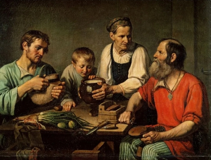 Ф. Г. Солнцев "Крестьянское семейство перед обедом" (1824)