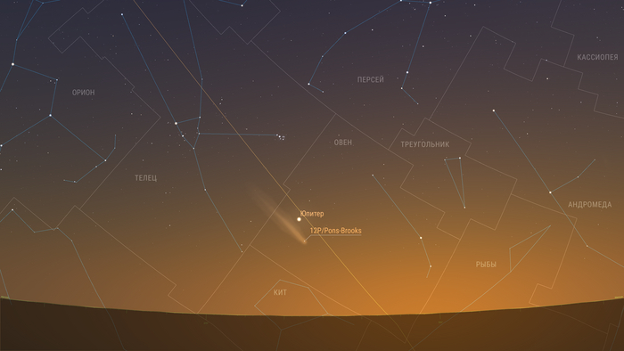 13 апреля 2024: Комета продолжает движение по созвездию Овна. Предполагаемая звездная величина 3,78m. Элонгация 23 градуса. Комета достигла наибольшего сближения с Юпитером
