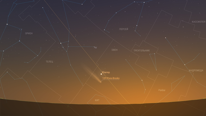 14 апреля 2024: Комета продолжает движение по созвездию Овна и теперь уже удаляется от Юпитера, хотя всё ещё находится рядом с ним. Предполагаемая звездная величина 3,75m. Элонгация 23 градуса.