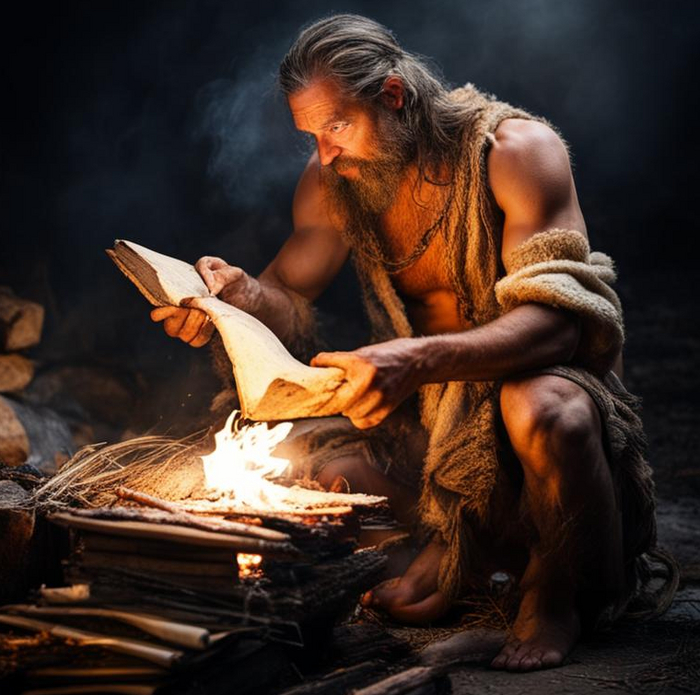 Картина нейросетью: первобытный человек добывает огонь