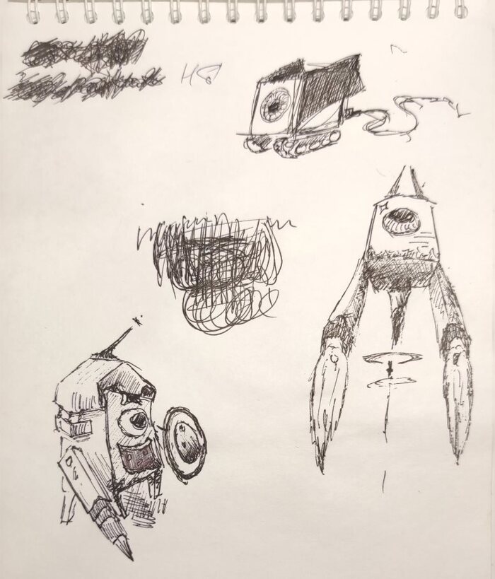 "Танчик" с электрошнуром, ракета(?) и копейщик...